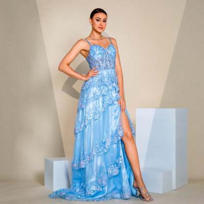 Spaghetti Strap Corset Ruffles Lace Sequin Elegant Luxury Evening Dress