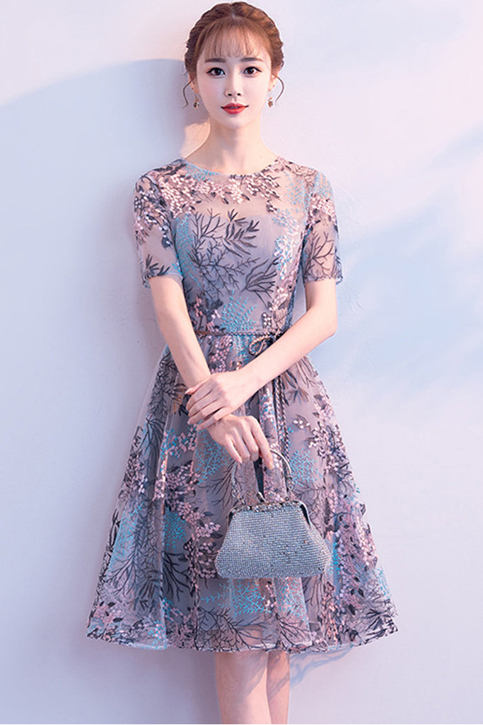 Short Sleeve Embroidered Tulle Midi Dress