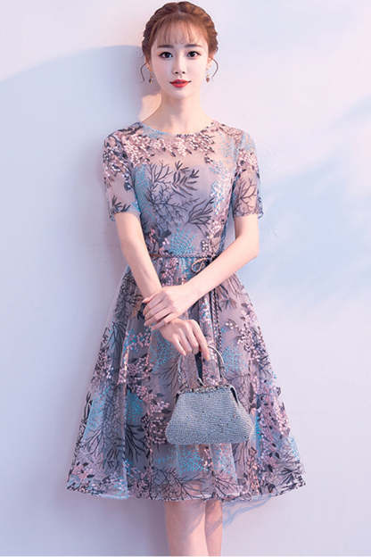 Short Sleeve Embroidered Tulle Midi Dress