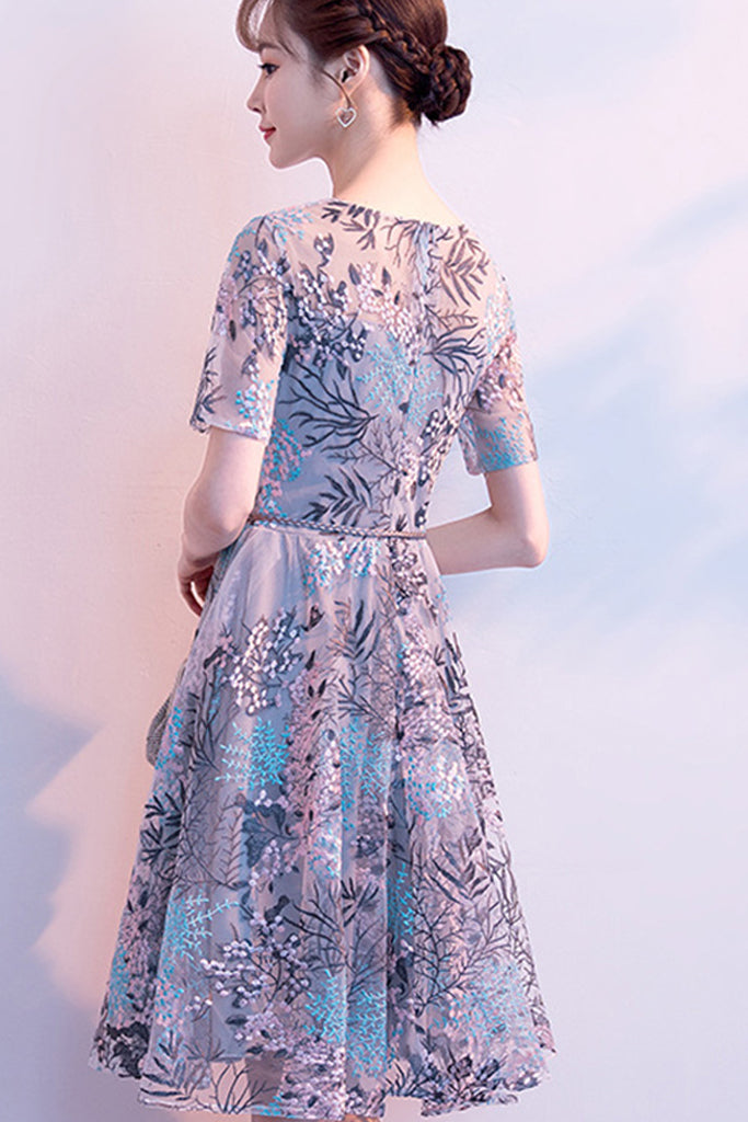 Short Sleeve Embroidered Tulle Midi Dress