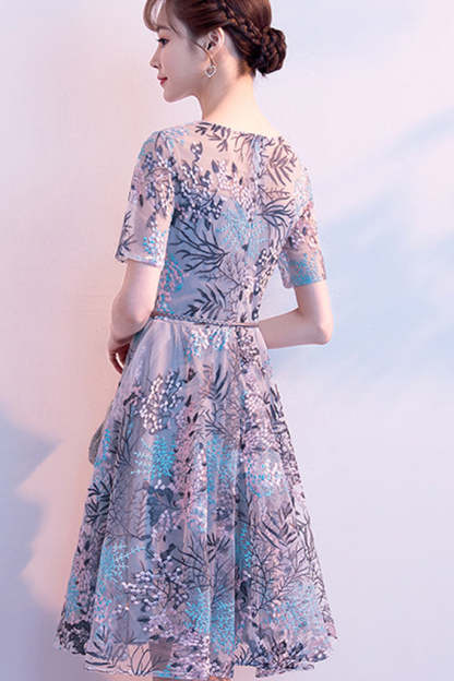 Short Sleeve Embroidered Tulle Midi Dress