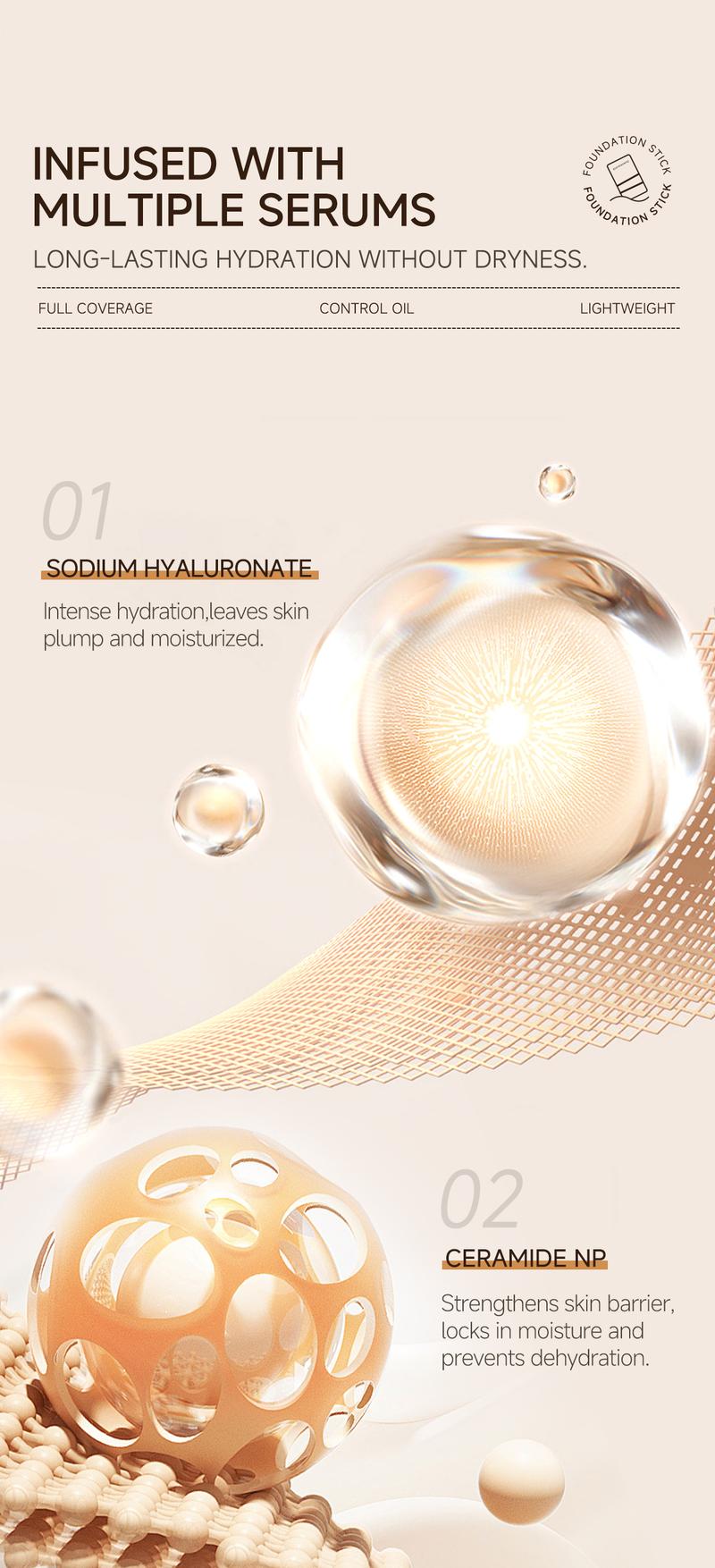 QIANWHITE Luminous Dual-Ended Concealer Foundation Stick with Built-in Brushes Complimentary Puff 24H Long-Lasting Waterproof Sweatproof One-Swipe Even Flawless Base Clear Radiant Skin Foundation Stick