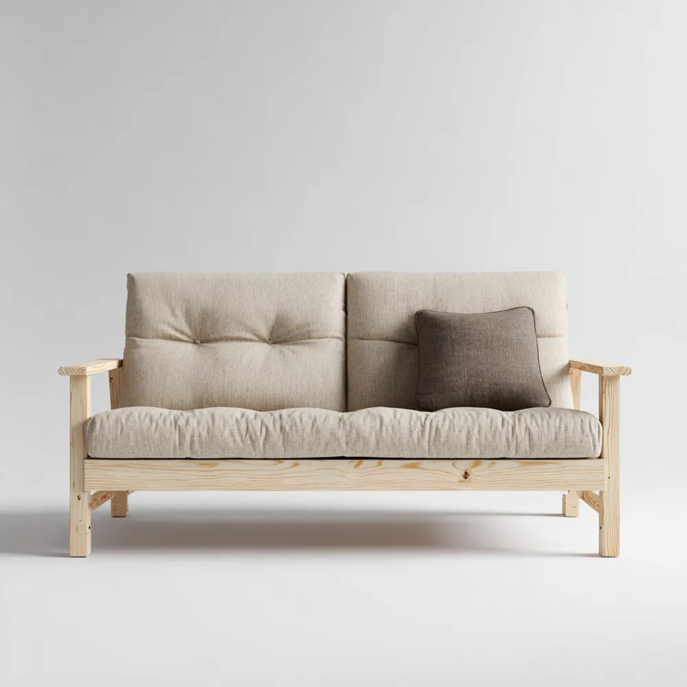 2-Sitzer-Holzsofa mit Leinenpolsterung 150x85x75 cm – Hellbraun – Skandinavisches Design-Softelvia