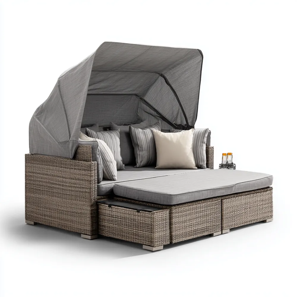 Gartenliege Rattan Sonnenliege mit Baldachin Grau - 200x180x40 cm-Softelvia