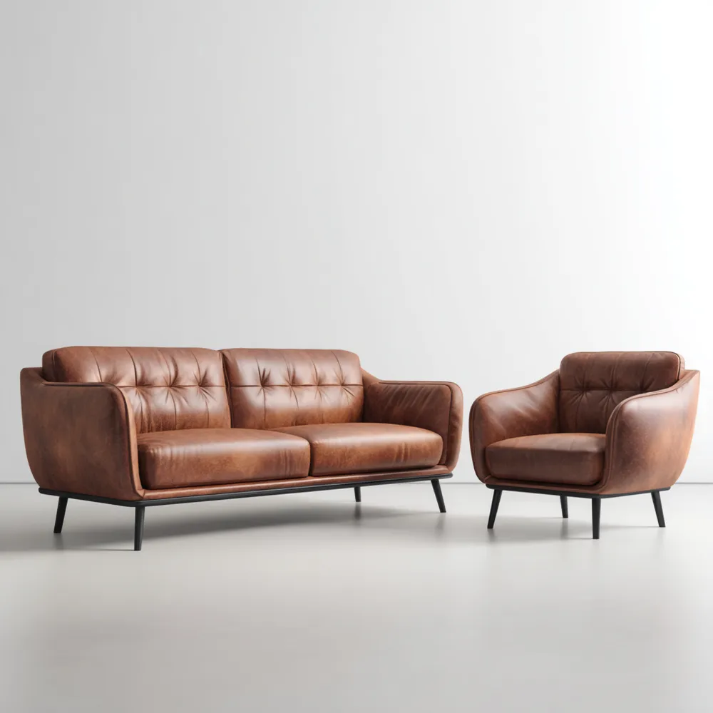 Ledersofa-Set 2-Sitzer und Sessel Vintage-Stil – 180x85x80 cm und 90x85x80 cm – Braun-Domelario