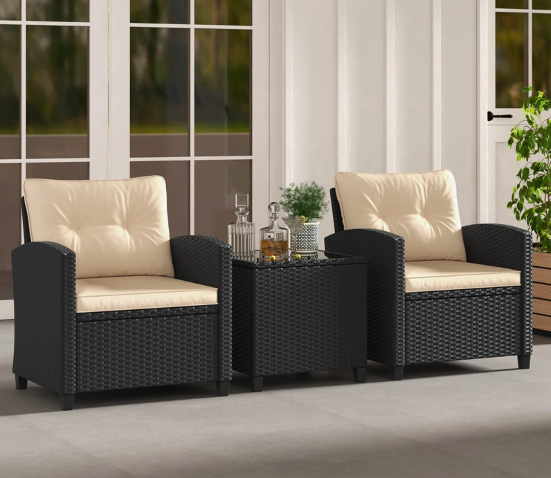 3 Pcs Patio Furniture Set With Tempered Glass Coffee Table Washable Cushions