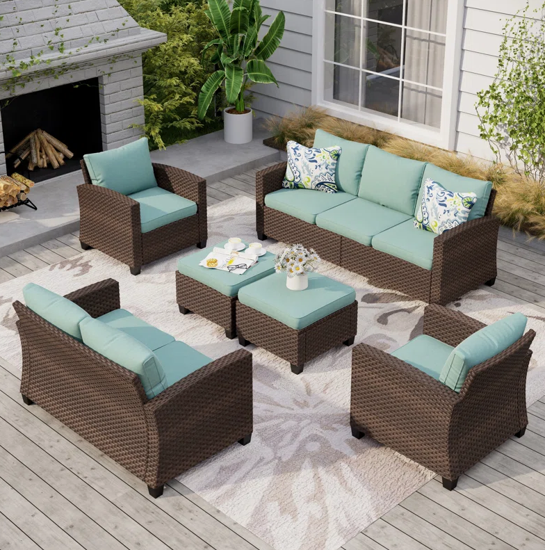 9 - Person Outdoor Wicker Patio Conversation Furniture Set with Fire Pit Table