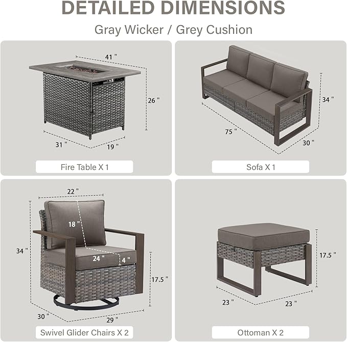 6 Piece Outdoor Patio Furniture Set with Propane Fire Pit Table