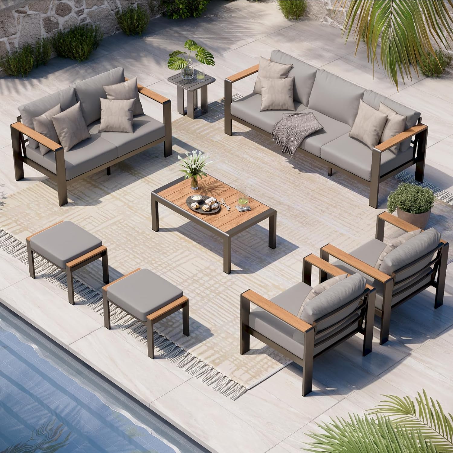 Aluminum Outdoor Patio Furniture Set with Coffee Table, 4 Piece Patio Conversation Sets with Washable Thick Cushions, Outdoor Sectional Furniture Set for Poolside, Balcony, Deck, Gray