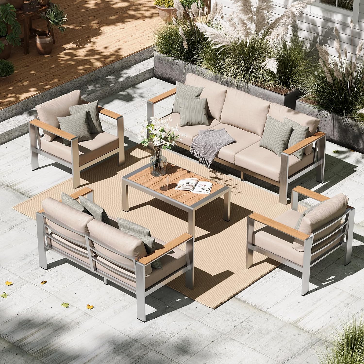 Aluminum Outdoor Patio Furniture Set with Coffee Table, 4 Piece Patio Conversation Sets with Washable Thick Cushions, Outdoor Sectional Furniture Set for Poolside, Balcony, Deck, Gray