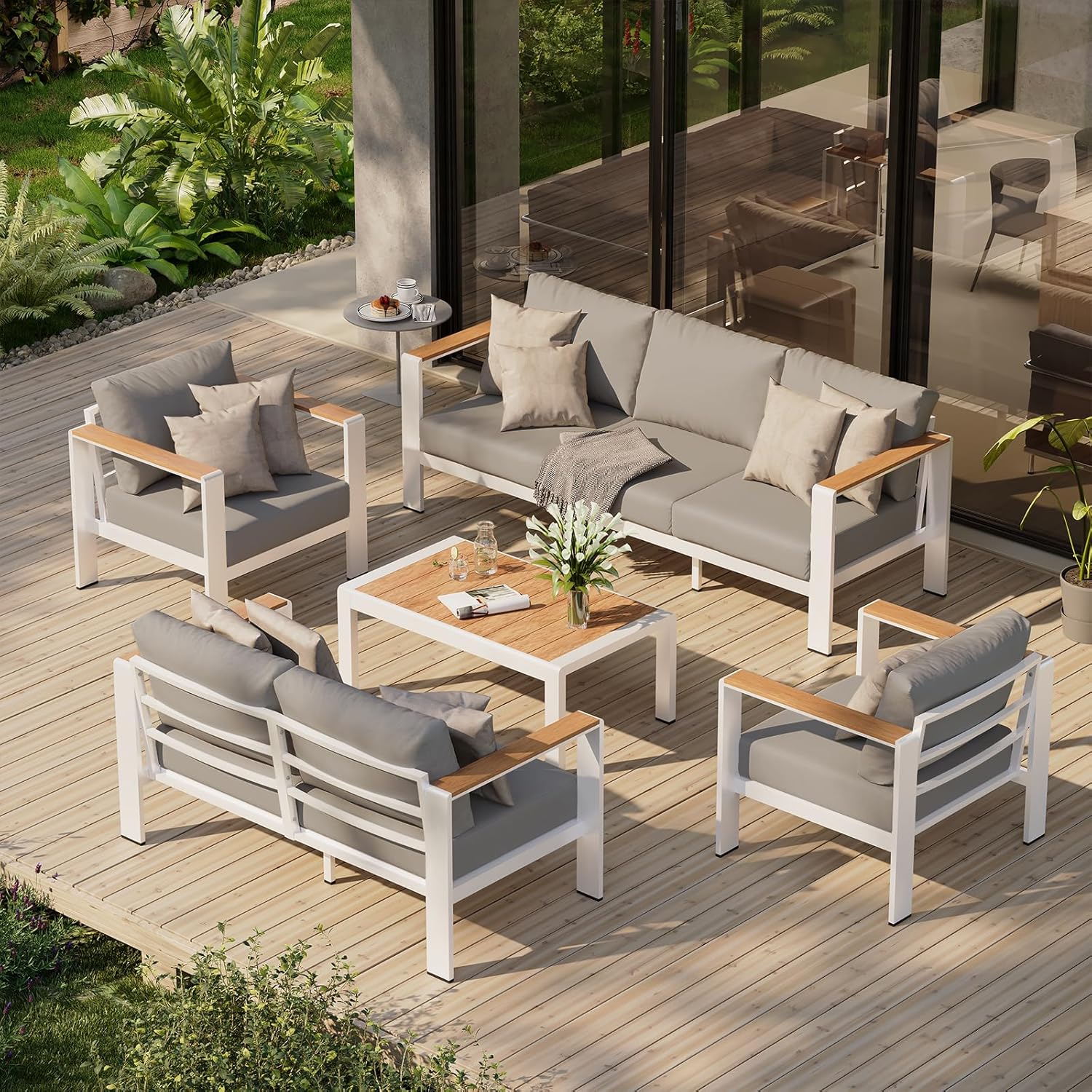 Aluminum Outdoor Patio Furniture Set with Coffee Table, 4 Piece Patio Conversation Sets with Washable Thick Cushions, Outdoor Sectional Furniture Set for Poolside, Balcony, Deck, Gray