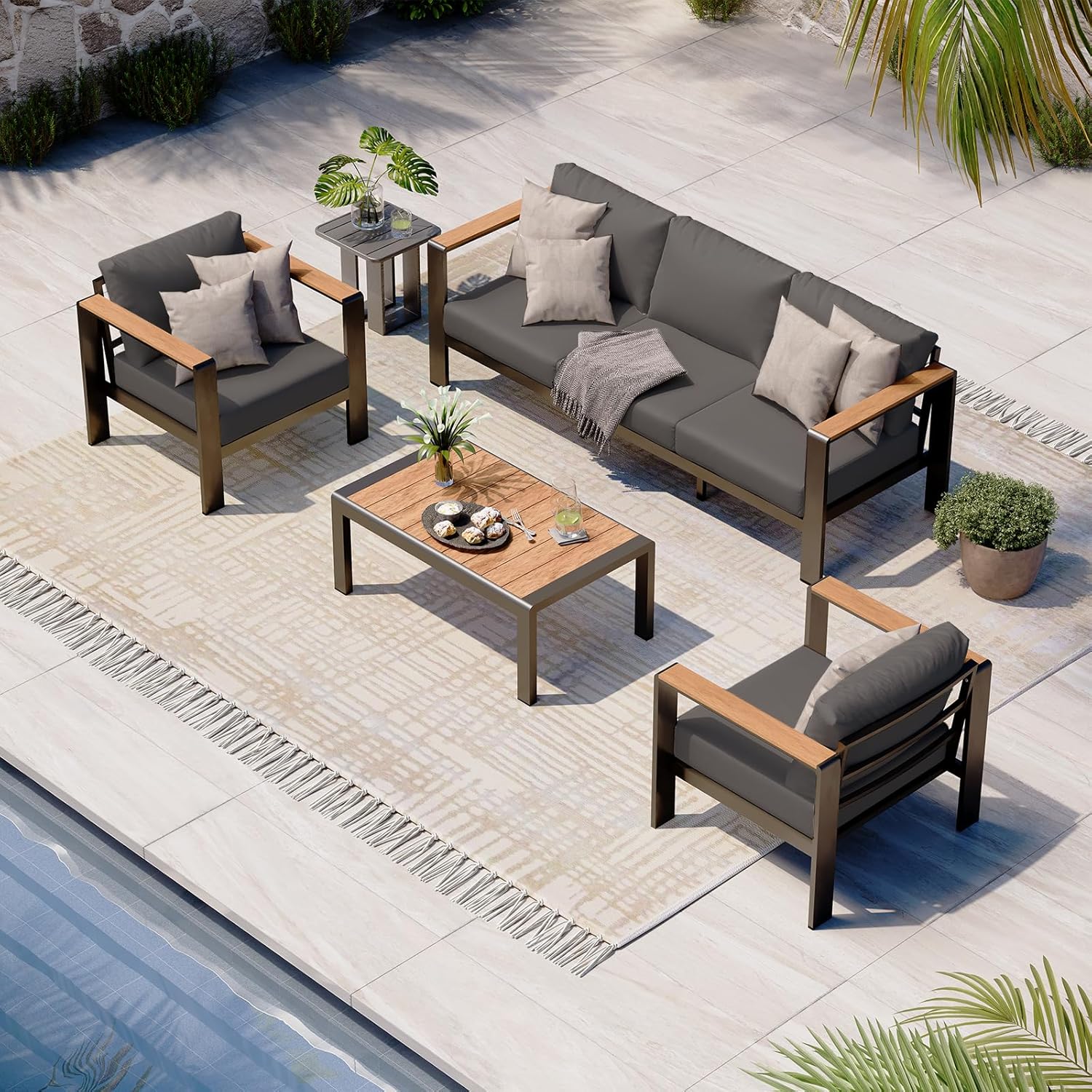 Aluminum Outdoor Patio Furniture Set with Coffee Table, 4 Piece Patio Conversation Sets with Washable Thick Cushions, Outdoor Sectional Furniture Set for Poolside, Balcony, Deck, Gray