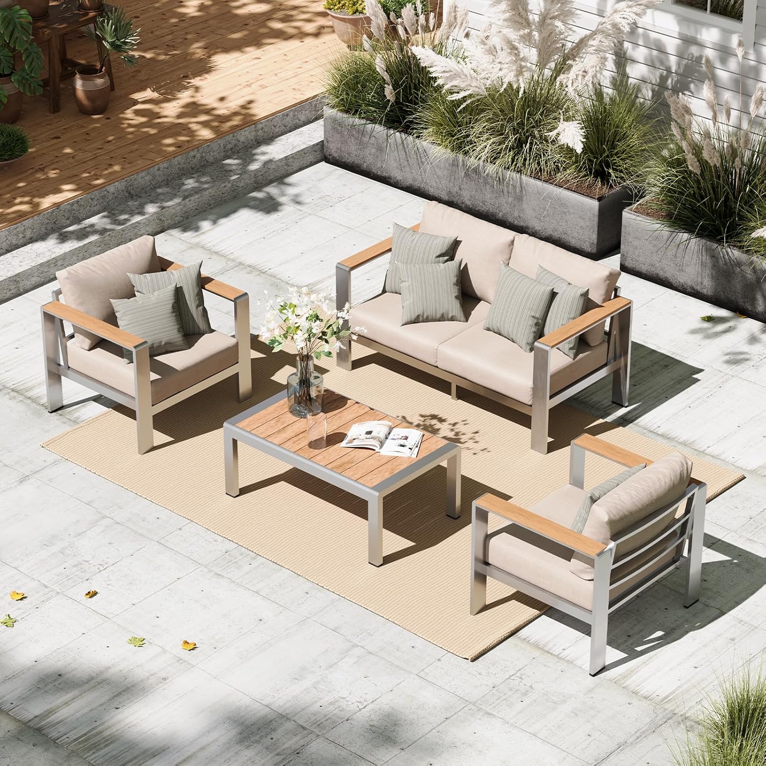 Aluminum Outdoor Patio Furniture Set with Coffee Table, 4 Piece Patio Conversation Sets with Washable Thick Cushions, Outdoor Sectional Furniture Set for Poolside, Balcony, Deck, Gray