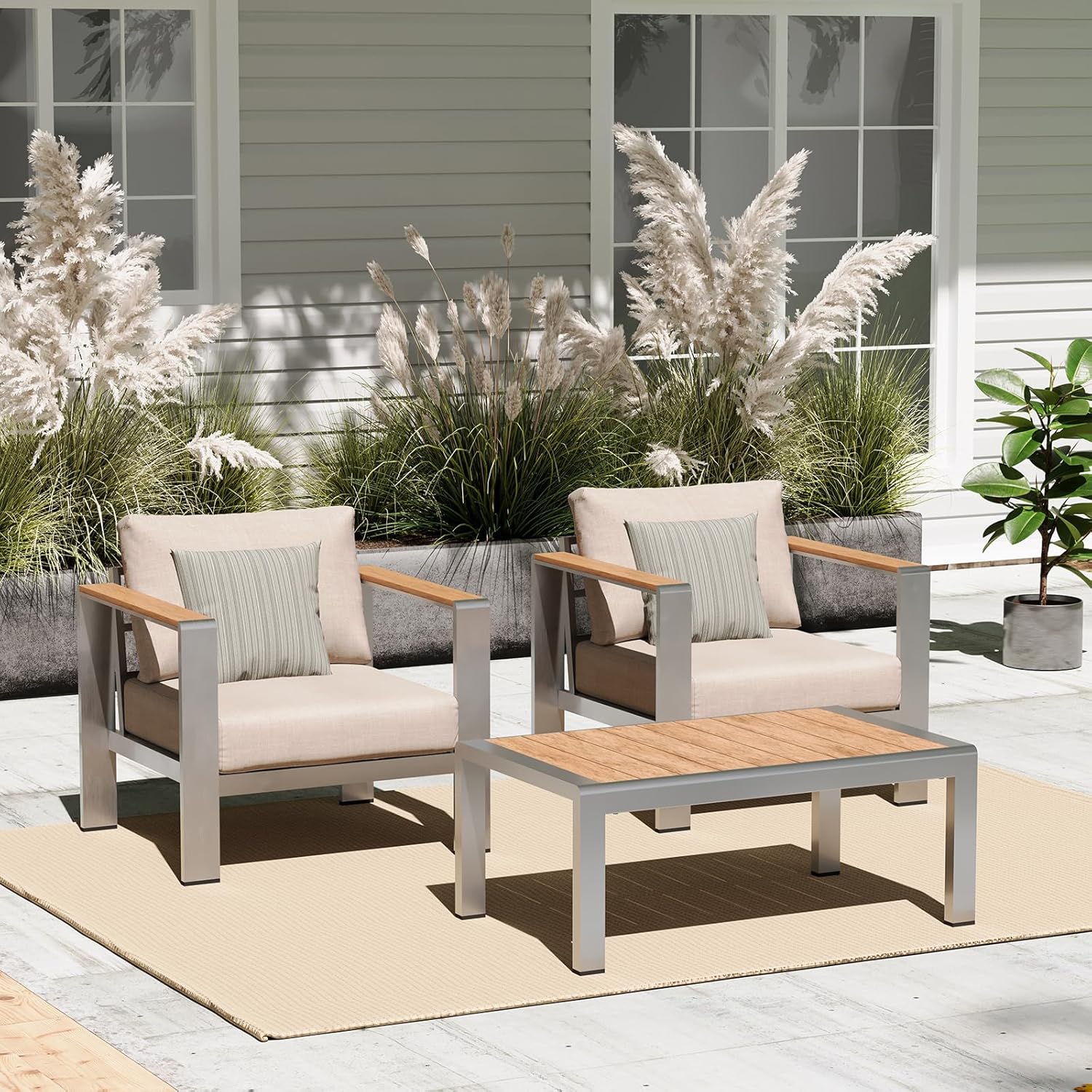 Aluminum Outdoor Patio Furniture Set with Coffee Table, 4 Piece Patio Conversation Sets with Washable Thick Cushions, Outdoor Sectional Furniture Set for Poolside, Balcony, Deck, Gray