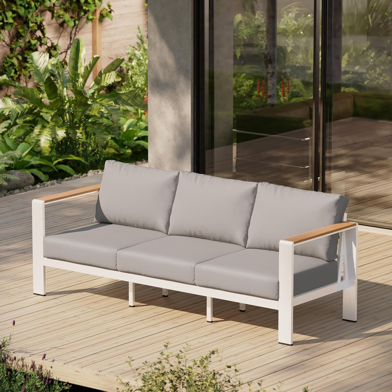 Aluminum Outdoor Patio Furniture Set with Coffee Table, 4 Piece Patio Conversation Sets with Washable Thick Cushions, Outdoor Sectional Furniture Set for Poolside, Balcony, Deck, Gray