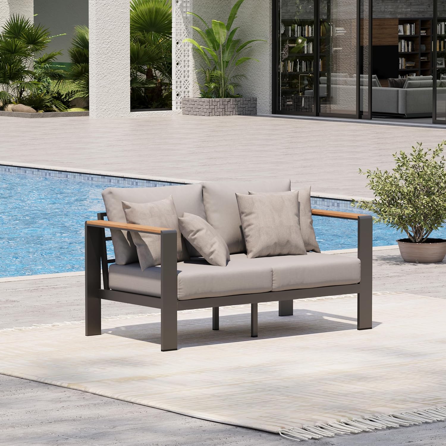 Aluminum Outdoor Patio Furniture Set with Coffee Table, 4 Piece Patio Conversation Sets with Washable Thick Cushions, Outdoor Sectional Furniture Set for Poolside, Balcony, Deck, Gray