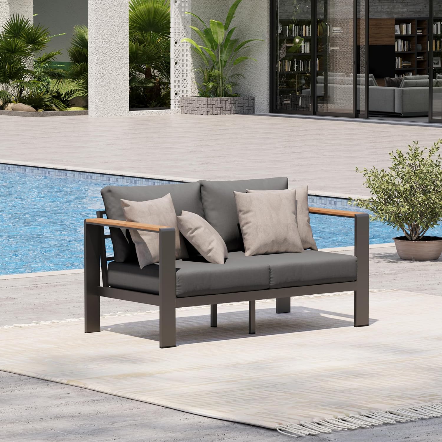 Aluminum Outdoor Patio Furniture Set with Coffee Table, 4 Piece Patio Conversation Sets with Washable Thick Cushions, Outdoor Sectional Furniture Set for Poolside, Balcony, Deck, Gray