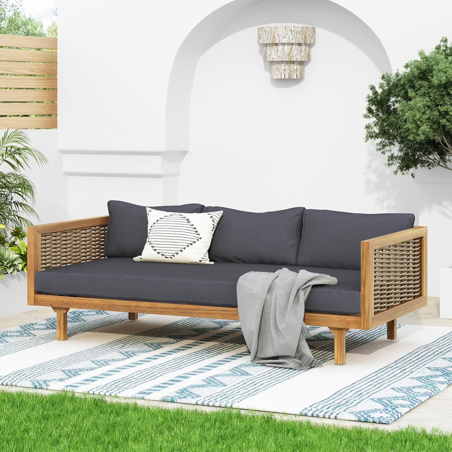 Merax 67.5" Outdoor Patio Daybed 3 Seater Sofa Bed,Acacia Wood Frame with Rattan Arm,Cushion & Pillow