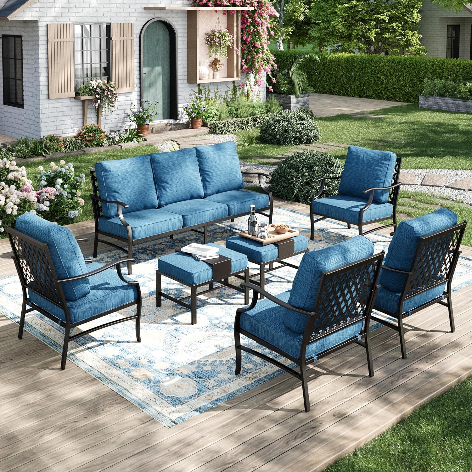 Patio Furniture Set 5 pcs, Outdoor Patio Furniture, 3-Seat Sofa, 2 Rocking Chairs, 2 Ottomans and 5.75" Extra Thick Cushion, Patio Conversation Set for Garden Backyard Deck,Grey