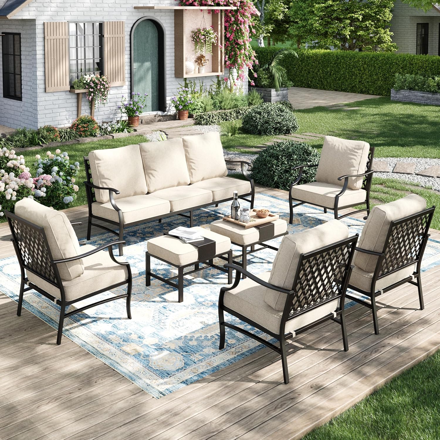 Patio Furniture Set 5 pcs, Outdoor Patio Furniture, 3-Seat Sofa, 2 Rocking Chairs, 2 Ottomans and 5.75" Extra Thick Cushion, Patio Conversation Set for Garden Backyard Deck,Grey