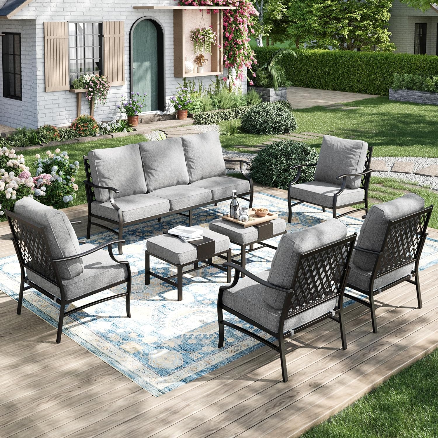 Patio Furniture Set 5 pcs, Outdoor Patio Furniture, 3-Seat Sofa, 2 Rocking Chairs, 2 Ottomans and 5.75" Extra Thick Cushion, Patio Conversation Set for Garden Backyard Deck,Grey