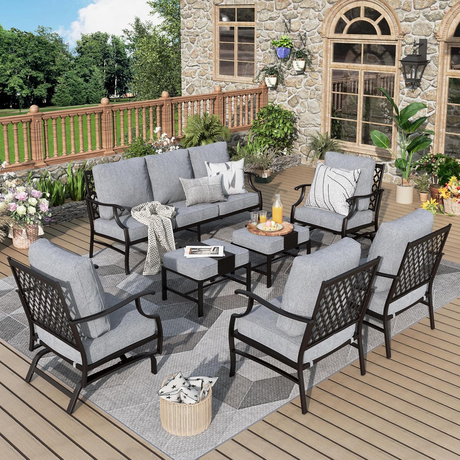 Patio Furniture Set 5 pcs, Outdoor Patio Furniture, 3-Seat Sofa, 2 Rocking Chairs, 2 Ottomans and 5.75" Extra Thick Cushion, Patio Conversation Set for Garden Backyard Deck,Grey