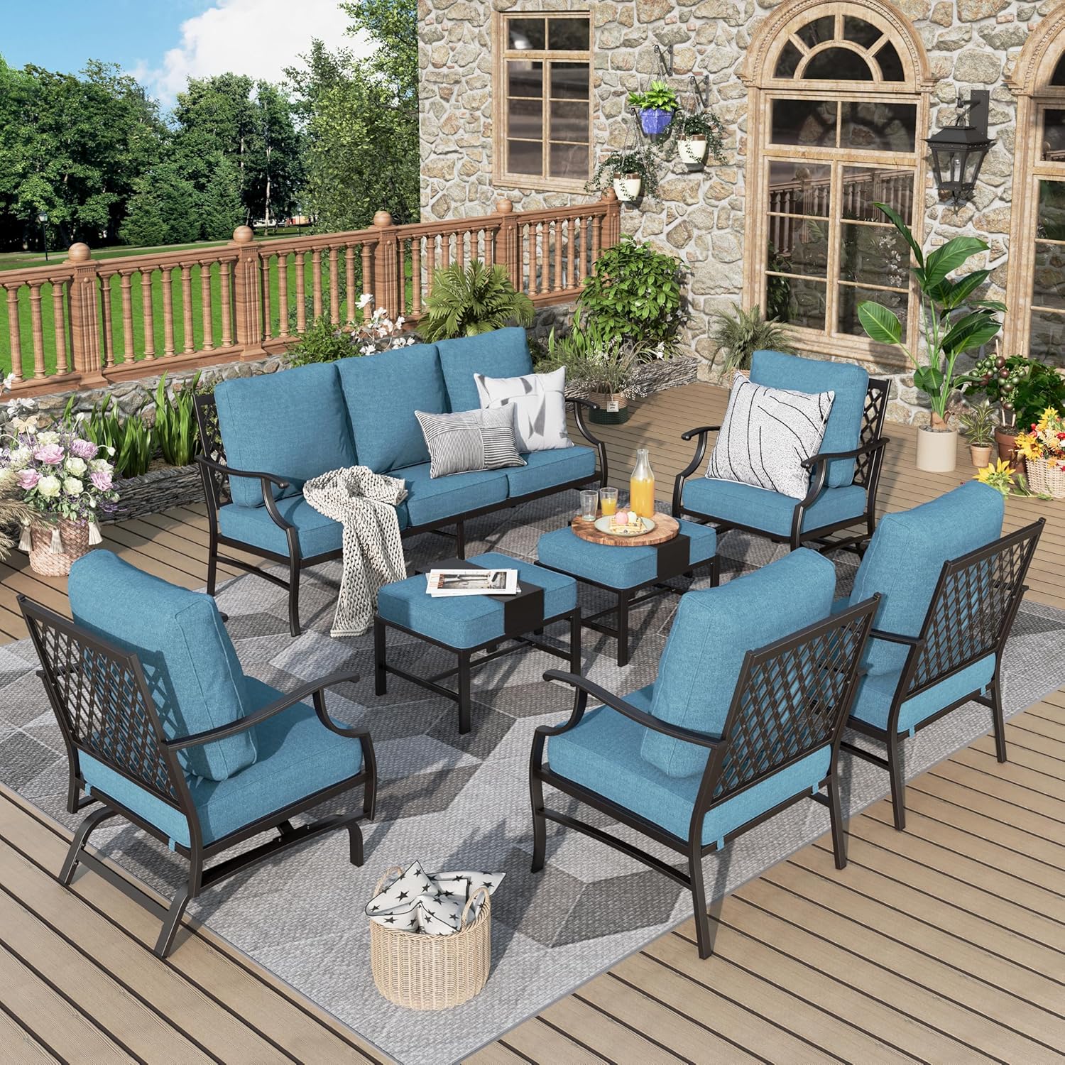 Patio Furniture Set 5 pcs, Outdoor Patio Furniture, 3-Seat Sofa, 2 Rocking Chairs, 2 Ottomans and 5.75" Extra Thick Cushion, Patio Conversation Set for Garden Backyard Deck,Grey