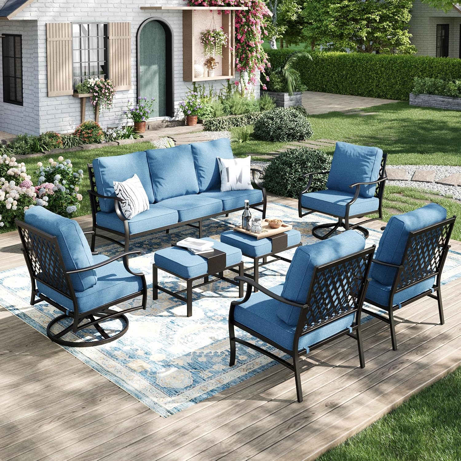 Patio Furniture Set 5 pcs, Outdoor Patio Furniture, 3-Seat Sofa, 2 Rocking Chairs, 2 Ottomans and 5.75" Extra Thick Cushion, Patio Conversation Set for Garden Backyard Deck,Grey