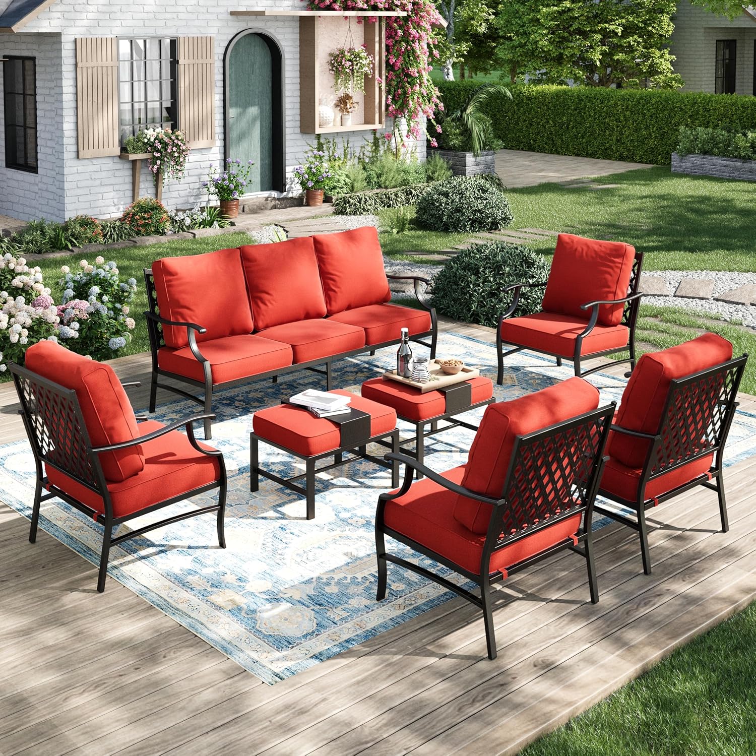 Patio Furniture Set 5 pcs, Outdoor Patio Furniture, 3-Seat Sofa, 2 Rocking Chairs, 2 Ottomans and 5.75" Extra Thick Cushion, Patio Conversation Set for Garden Backyard Deck,Grey