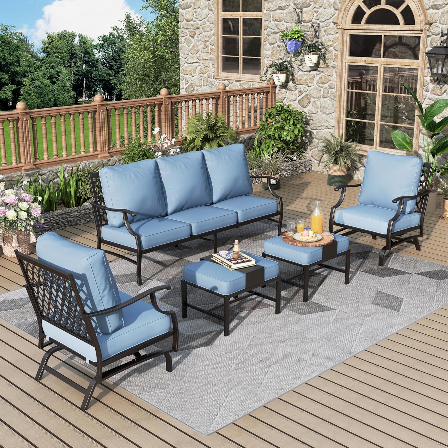 Patio Furniture Set 5 pcs, Outdoor Patio Furniture, 3-Seat Sofa, 2 Rocking Chairs, 2 Ottomans and 5.75" Extra Thick Cushion, Patio Conversation Set for Garden Backyard Deck,Grey