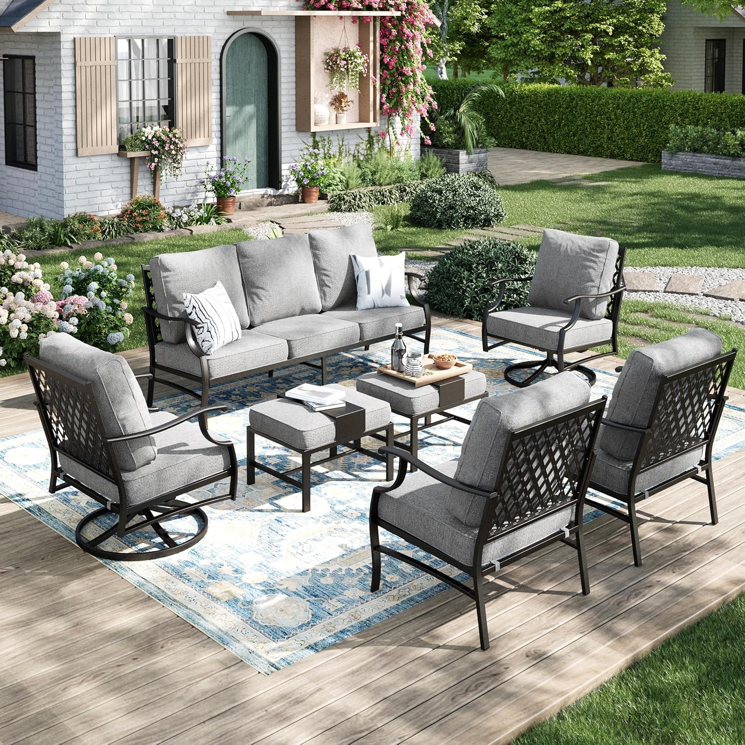 Patio Furniture Set 5 pcs, Outdoor Patio Furniture, 3-Seat Sofa, 2 Rocking Chairs, 2 Ottomans and 5.75" Extra Thick Cushion, Patio Conversation Set for Garden Backyard Deck,Grey
