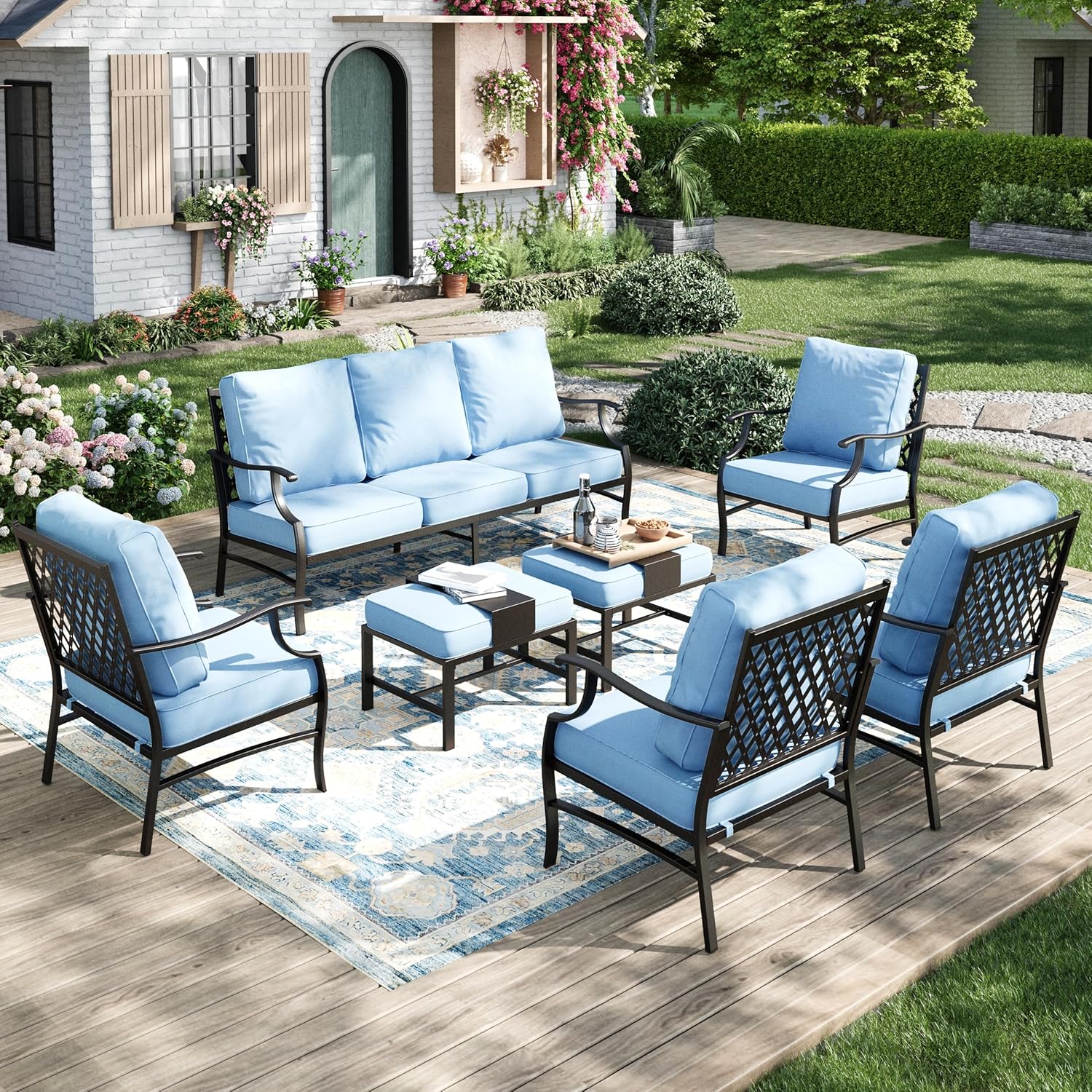 Patio Furniture Set 5 pcs, Outdoor Patio Furniture, 3-Seat Sofa, 2 Rocking Chairs, 2 Ottomans and 5.75" Extra Thick Cushion, Patio Conversation Set for Garden Backyard Deck,Grey