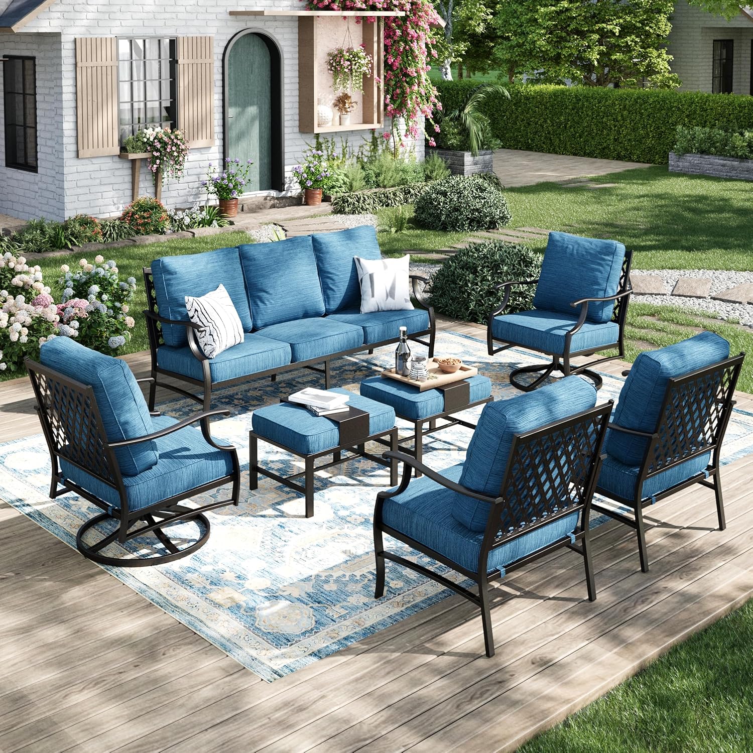 Patio Furniture Set 5 pcs, Outdoor Patio Furniture, 3-Seat Sofa, 2 Rocking Chairs, 2 Ottomans and 5.75" Extra Thick Cushion, Patio Conversation Set for Garden Backyard Deck,Grey