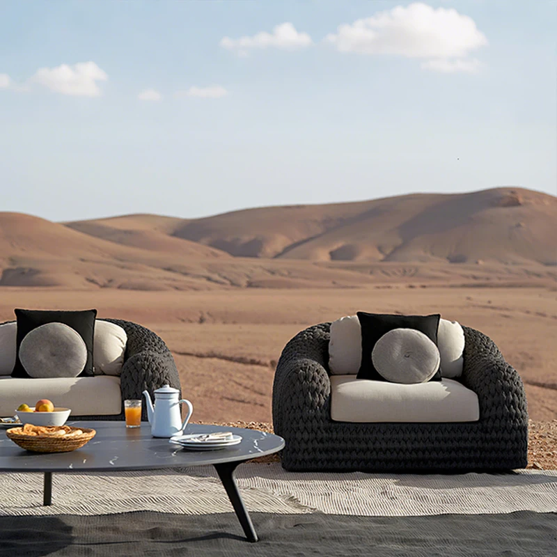 高档编织绳编织花园沙发户外家具花园套装豪华户外休息室藤制沙发