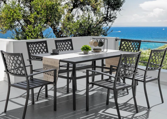 Outdoor 7-Piece Dining Set, Iron Finish, Black with Gold Speckles