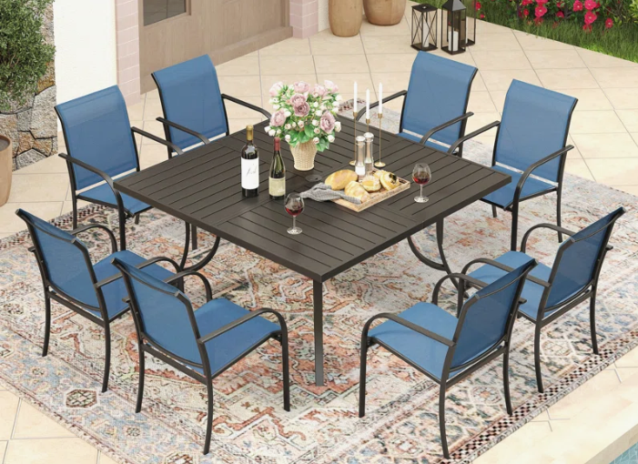 Patio Dining Set with Stackable Textilene Armrest Chairs and 59" Square Dining Table