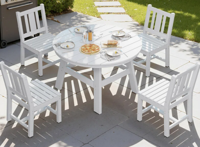 Immie 5 Piece HDPE Outdoor Dining Table Set with Umbrella Hole, White