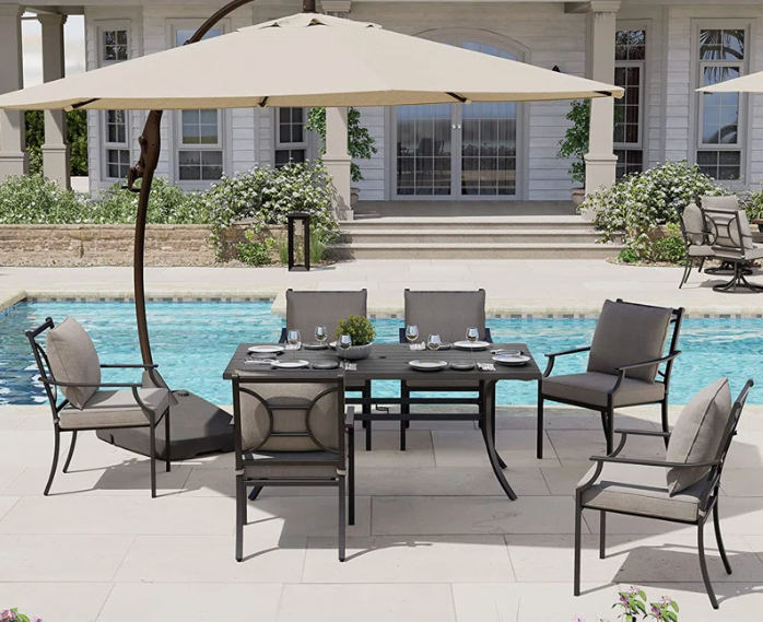 6 - Person Metal Patio Dining Set with Rectangular Table , Cushions Included