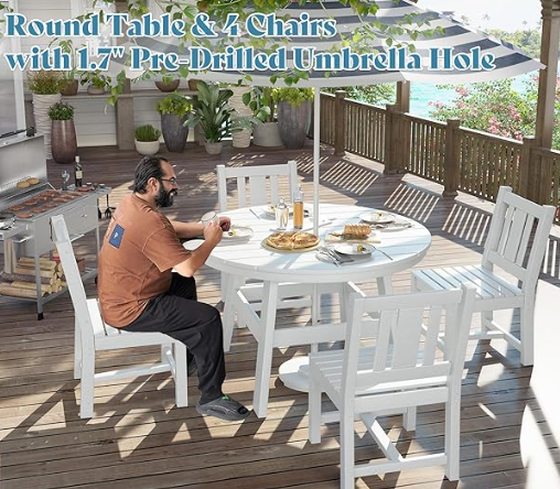 5 Piece HDPE Outdoor Dining Table Set with Umbrella Hole, White