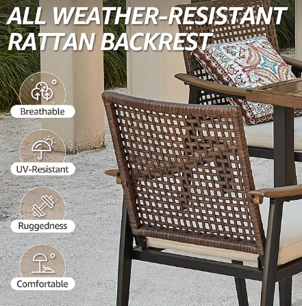  7 Piece Outdoor Dining Table Set with 6 Rattan Wicker Chairs with Cushions