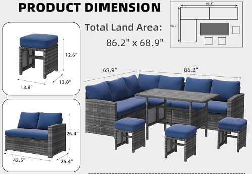 Outdoor Patio Furniture Set, 7 Pieces Clearance Sectional Rattan Dining Table&Chairs, All Weather Wicker Conversation Sofa Couch with Ottoman, Dark Blue Cushions&Grey Rattan : Patio, Lawn & Garden