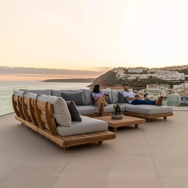 Modern outdoor solid teak sofa set used in apartment living room, family terrace, hotel and garden