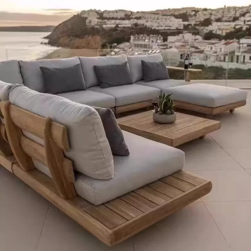 Modern outdoor solid teak sofa set used in apartment living room, family terrace, hotel and garden