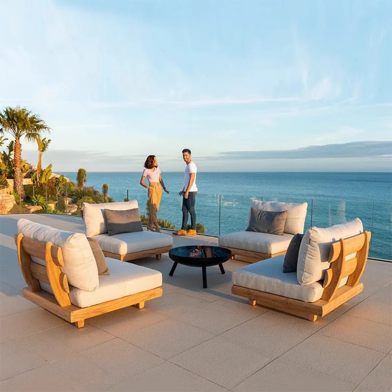 Modern outdoor solid teak sofa set used in apartment living room, family terrace, hotel and garden