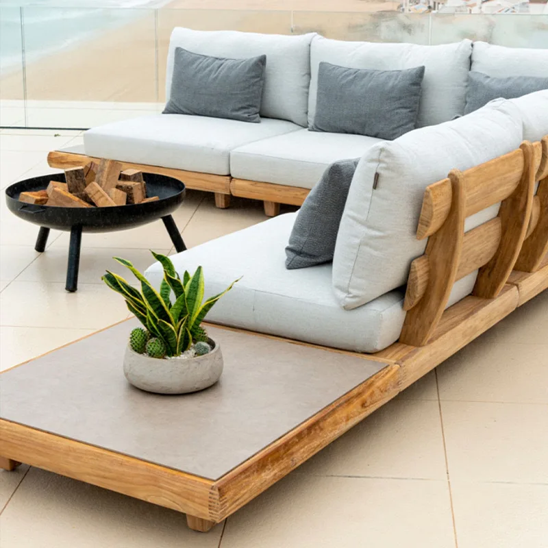 Modern outdoor solid teak sofa set used in apartment living room, family terrace, hotel and garden