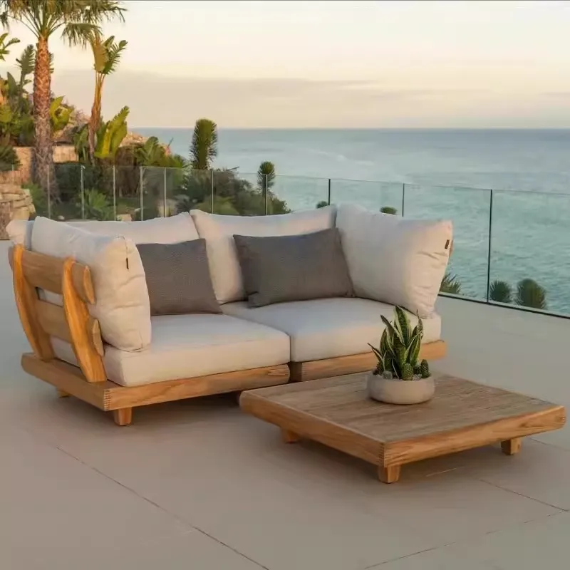 Modern outdoor solid teak sofa set used in apartment living room, family terrace, hotel and garden
