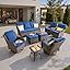 5 Pieces Patio Furniture Set, Outdoor Wicker Sofa Couch with Swivel Chairs Solar Lights Table, High Back Modern All Weather Conversation Sets, Grey Rattan, Denim Blue