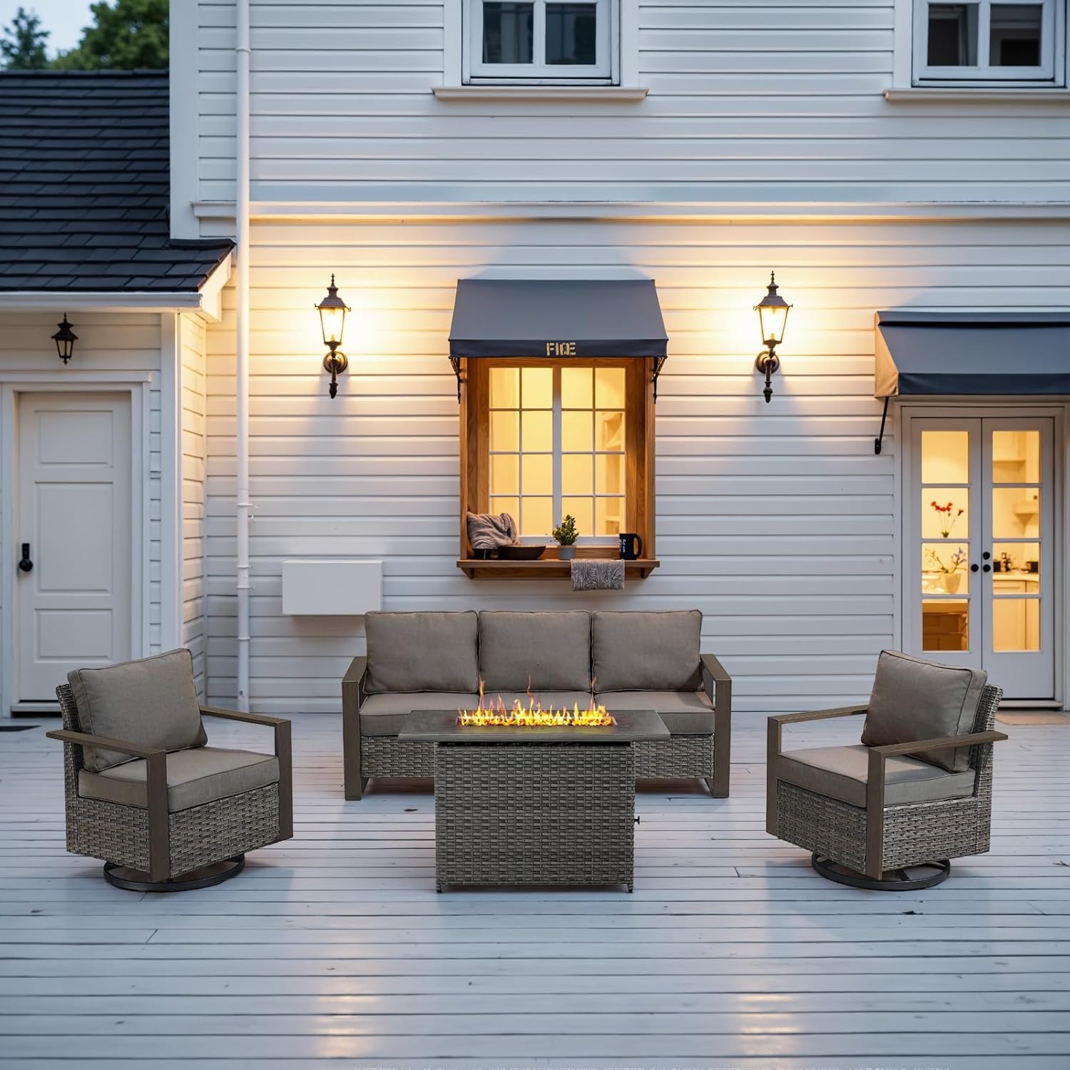 6 Piece Outdoor Patio Furniture Set with Propane Fire Pit Table, Wicker Patio Conversation Set with 2 Swivel Rocker Chairs Rattan Sofa and Removable 4" Thick Cushions for Deck Backyard
