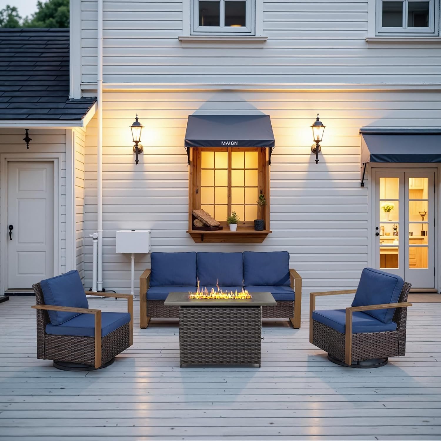 6 Piece Outdoor Patio Furniture Set with Propane Fire Pit Table, Wicker Patio Conversation Set with 2 Swivel Rocker Chairs Rattan Sofa and Removable 4" Thick Cushions for Deck Backyard