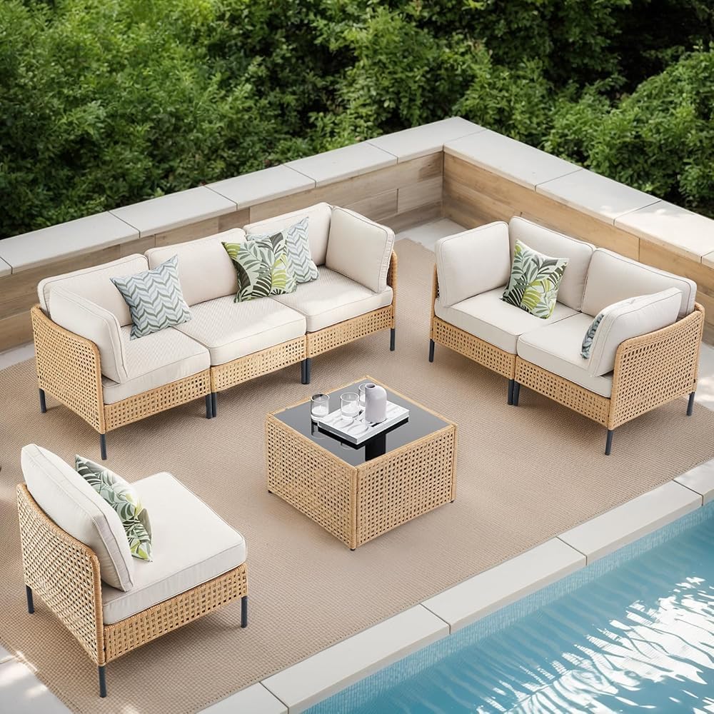 Large Outdoor Sectional 7-Piece, Boho Patio Sets for Outside with Coffee Table, All-Weather Waterproof Wicker Patio Furniture
